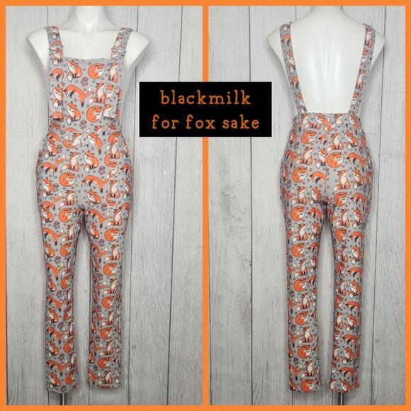 Blackmilk - For Fox Sake, Fleece Lined Gray Overalls w Foxes and Mushrooms, sz S - Picture 1 of 10